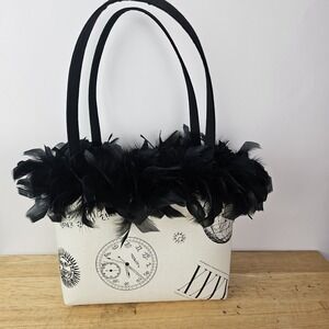 Womens Handbag Tote Black Feathers Vintage Clock Pattern Double Handles Purse